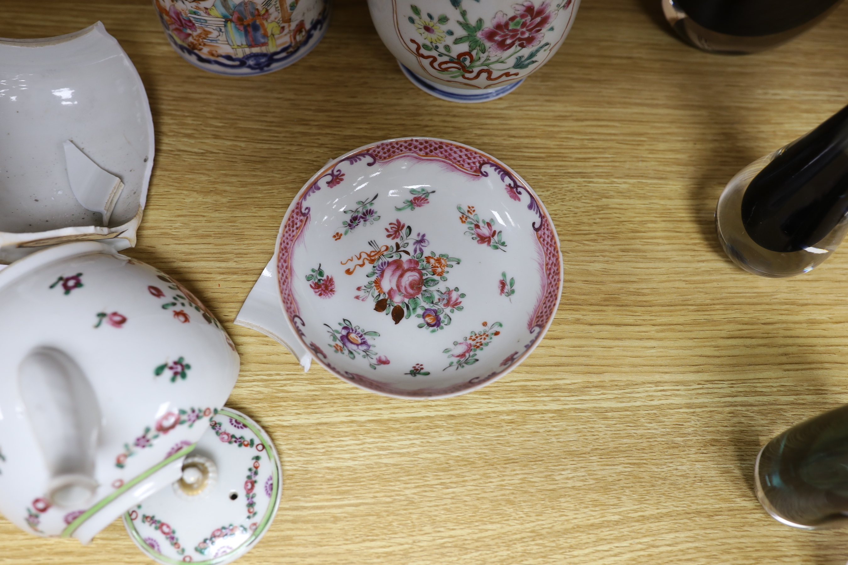 Two Chinese famille rose vessels, a dish and a teapot, tallest brush pot 14cm high (a.f.)